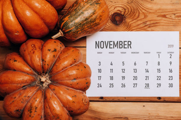 November 2019 monthly calendar View from above to simple November 2019 calendar decorated with pumpkin thanksgiving holiday hours stock pictures, royalty-free photos & images