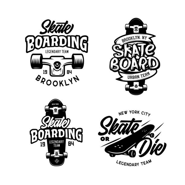 ilustraciones, imágenes clip art, dibujos animados e iconos de stock de conjunto de diseño de camiseta skateboarding. ilustración vectorial vintage. - skateboarding