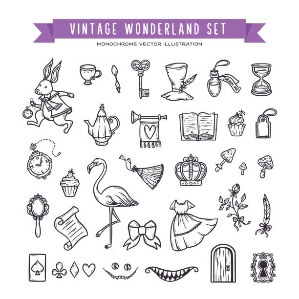 Wonderland hand drawn set of design elements. Vector vintage illustration. Wonderland hand drawn set of design elements. Vector vintage monochrome illustration. alice in wonderland stock illustrations