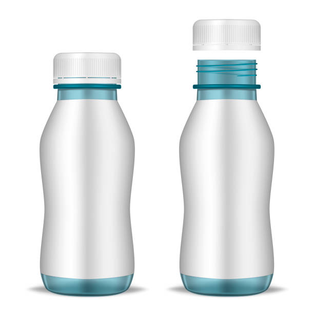 Closed and open blue bottle with screw cap and blank label, realistic mockup illustration. Liquid food product packaging container, vector mock-up Closed and open blue bottle with screw cap and blank label, realistic mockup illustration. Liquid food product packaging container, vector mock-up. glass medicine blue bottle stock illustrations