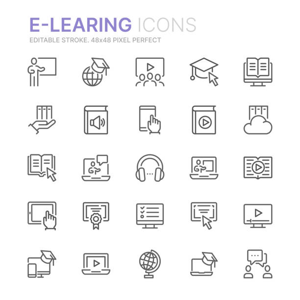 stockillustraties, clipart, cartoons en iconen met verzameling van e-learning gerelateerde lijn pictogrammen. 48x48 pixel perfect. bewerkbare lijn - teacher