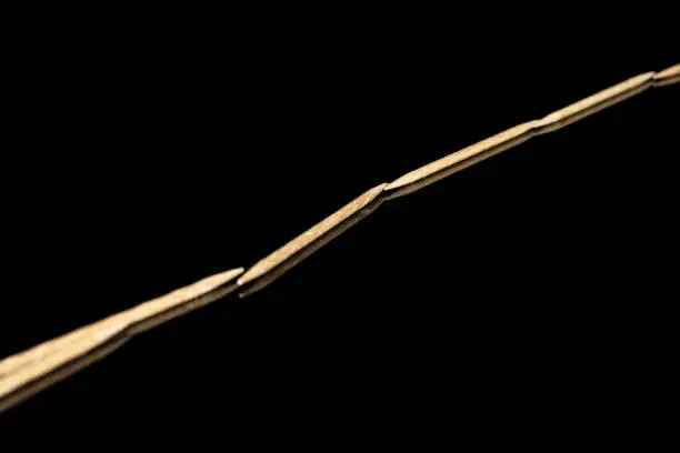 Group of six whole wooden brown toothpick isolated on black glass