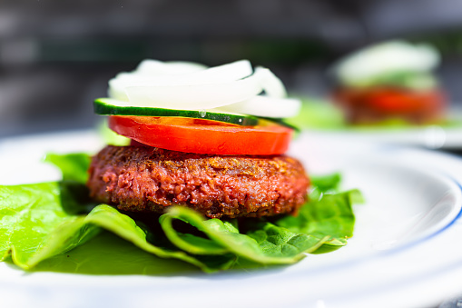 Macro side closeup of vegan meat sausage patty on plate with romaine lettuce leaf and tomatoes cucumbers onions sliced for burger healthy serving