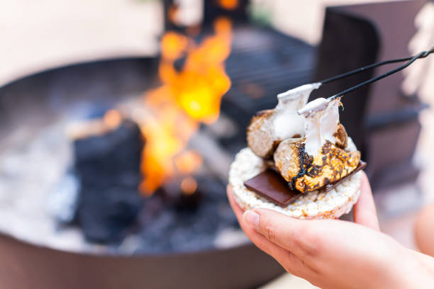 mujer joven sosteniendo gooey asada malvaviscos carbonizados smores con chocolate y galleta pastel de arroz por fuego en la parrilla de fogata de camping - fire pit fire camping burning fotografías e imágenes de stock