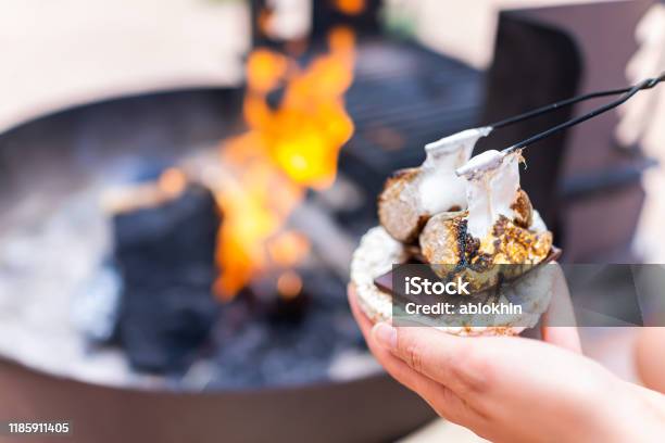 Young Woman Hand Holding Gooey Roasted Charred Marshmallows Smores With Chocolate And Rice Cake Cracker By Fire In Campground Campfire Grill Stock Photo - Download Image Now