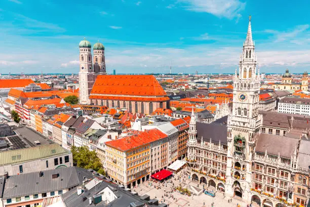 Photo of Panoramic aerial view of Munich Central square with town hall and Frauenkirche Church. Travel and sightseeing landmarks in Germany