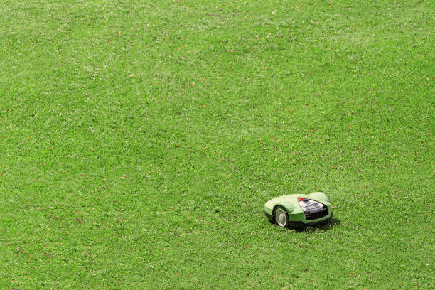 istock robot lawnmower running on the grass in the Park 1185912201