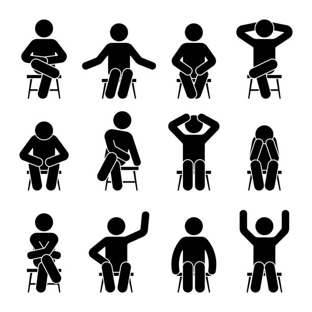 ilustrações de stock, clip art, desenhos animados e ícones de sitting on chair stick figure man different poses pictogram vector icon set. boy silhouette seated happy, comfy, sad, tired, depressed sign on white background - moving down symbol computer icon people