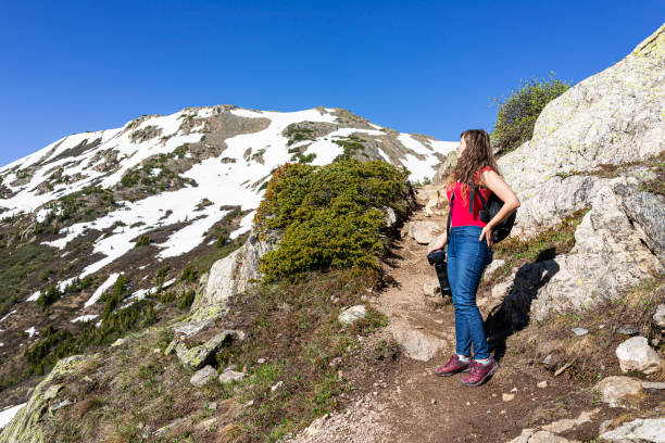 fotografin steht mit blick auf linkins lake trail am independence pass in felsigen bergen bei aspen, colorado im frühsommer 2019 mit schnee - linkins lake trail stock-fotos und bilder