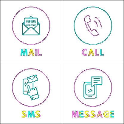 Modern means of communication outline icon set. Phone message and simple call, text sms and electronic mail to keep in touch small color sketch depiction.