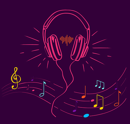 Headphones performing loud sounds vector doodles in flat style. Headset hand drawn musical earphones with melody. Music poster with treble clef, notes set
