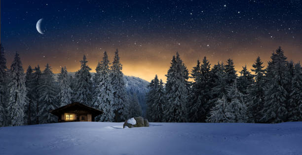 blockhouse na neve - cabin photography europe tree - fotografias e filmes do acervo