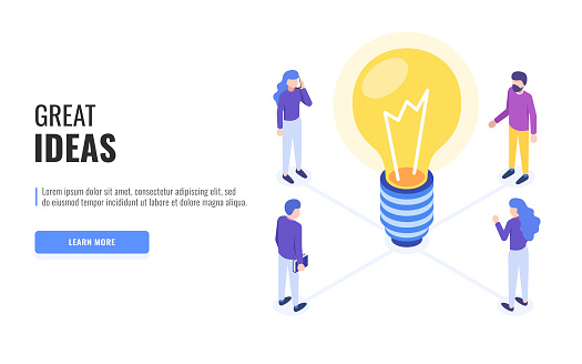 Great ideas concept. People stand around a light bulb and come up with ideas. Web banner, infographics. Isometric vector illustration.