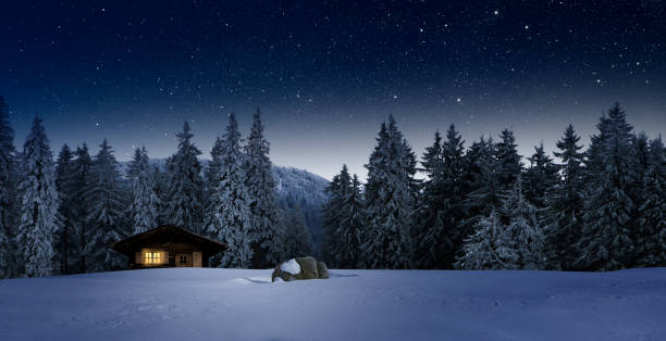 blockhouse na neve - cabin photography europe tree - fotografias e filmes do acervo