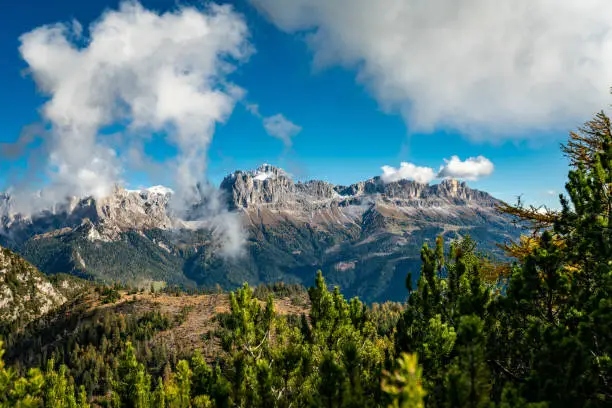 Photo of Panoramic view of the Rosengarten alpine mountain group near Tiers in South Tyrol