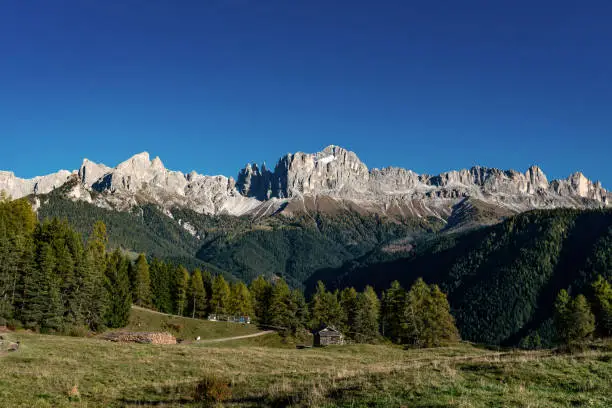 Photo of Panoramic view of the Rosengarten alpine mountain group near Tiers in South Tyrol