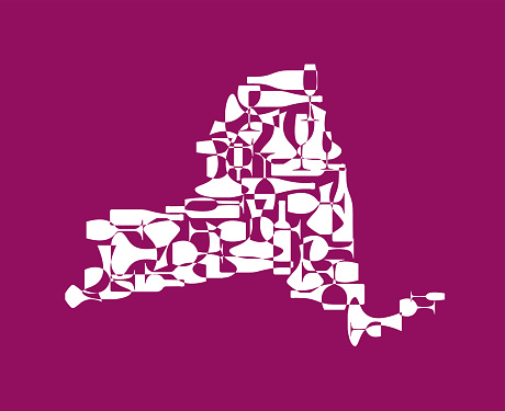 States winemakers - stylized maps from silhouettes of wine bottles, glasses and decanters. Map of New York.