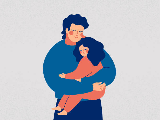 ilustraciones, imágenes clip art, dibujos animados e iconos de stock de padre joven sostiene a su hija con cuidado y amor - papá