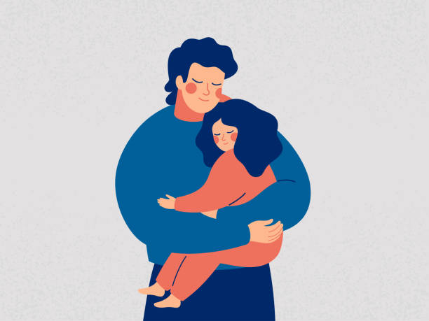 ilustraciones, imágenes clip art, dibujos animados e iconos de stock de padre joven sostiene a su hija con cuidado y amor - padre e hija abrazo