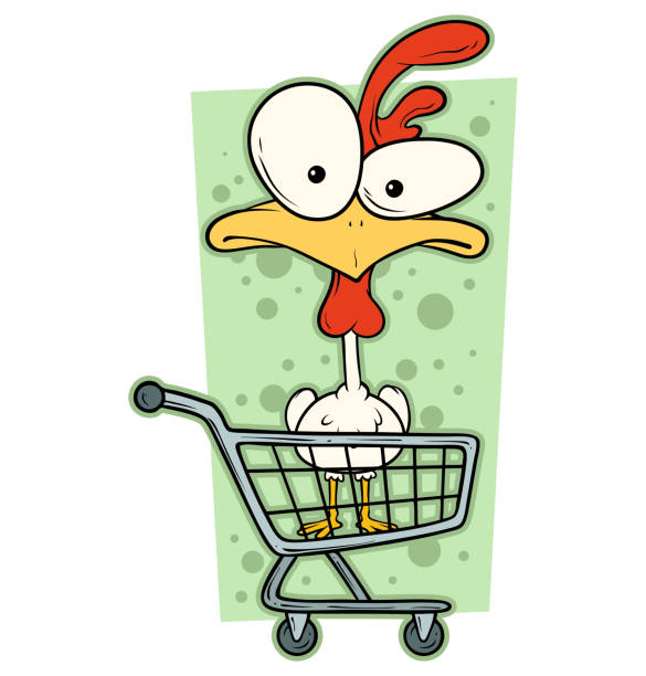 Cartoon funny crazy chicken in supermarket cart Cartoon colorful funny cute crazy chicken with big eyes in supermarket cart. Isolated on white background. Vector icon. crazy chicken stock illustrations