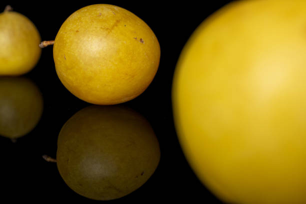 istock Fresh yellow plum isolated on black glass 1185919994