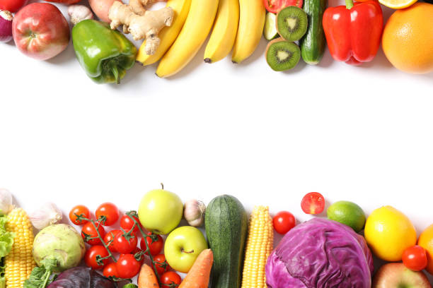 istock Composition with ripe vegetables and fruits isolated. Top view 1185922235