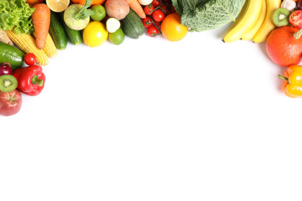 istock Composition with ripe vegetables and fruits isolated. Top view 1185922314