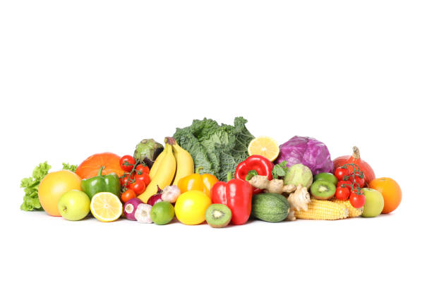 istock Composition with fresh vegetables and fruits isolated on white background 1185922372