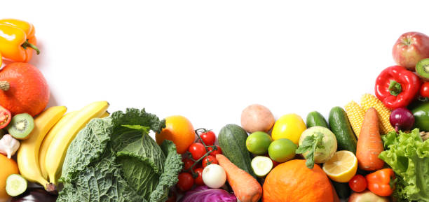 istock Composition with ripe vegetables and fruits isolated. Top view 1185922400