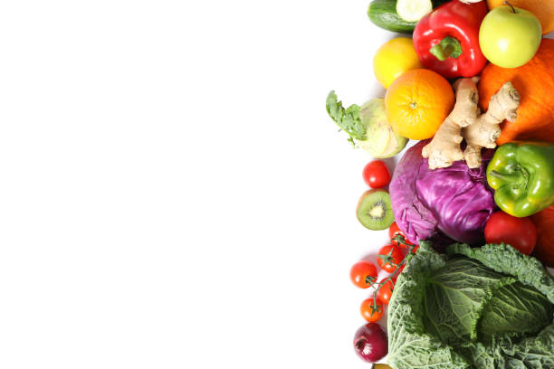 istock Composition with fresh vegetables and fruits isolated on white background 1185922463