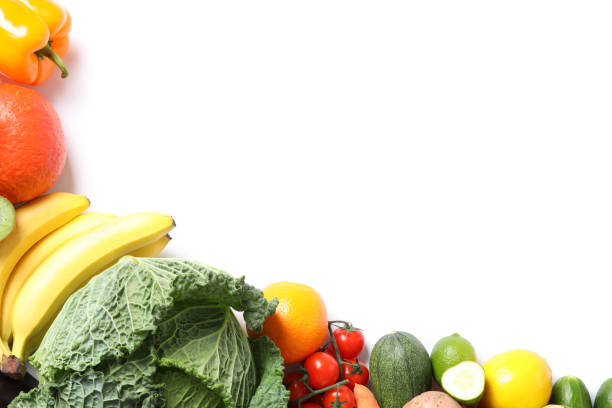 istock Composition with ripe vegetables and fruits isolated. Top view 1185922974