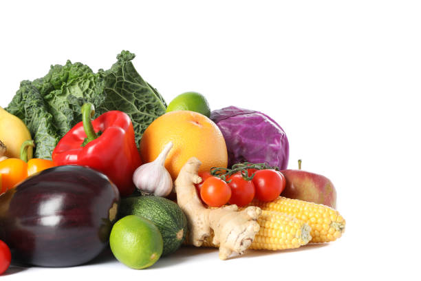 istock Composition with fresh vegetables and fruits isolated on white background 1185922994