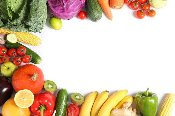 istock Composition with ripe vegetables and fruits isolated. Top view 1185923034
