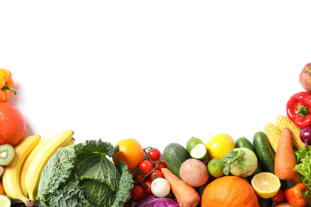 istock Composition with ripe vegetables and fruits isolated. Top view 1185923053
