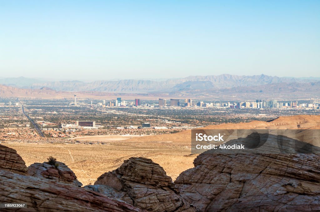 Las Vegas skyline looking from Red Rock Canyon Las Vegas skyline  and valley looking from Red Rock Canyon Las Vegas Stock Photo