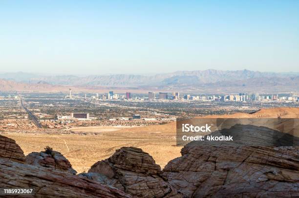 Las Vegas Skyline Looking From Red Rock Canyon Stock Photo - Download Image Now - Las Vegas, Valley, Mountain