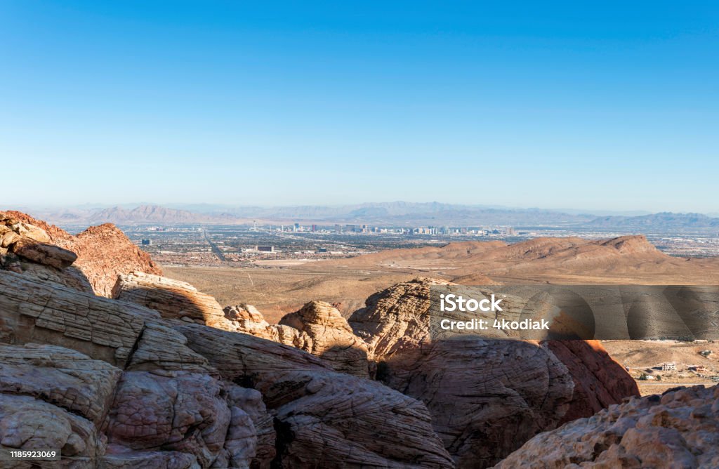 Las Vegas skyline looking from Red Rock Canyon Las Vegas skyline  and valley looking from Red Rock Canyon 2019 Stock Photo