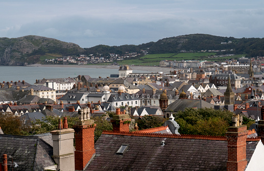 elevated view of the seaside resort town of Llandudno, Wales, with the Irish Sea in the background