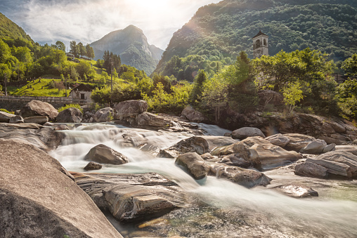 Remote landscape in the southern part of Switzerland. River and valley Verzasca is a beautiful landmark you can’t miss.