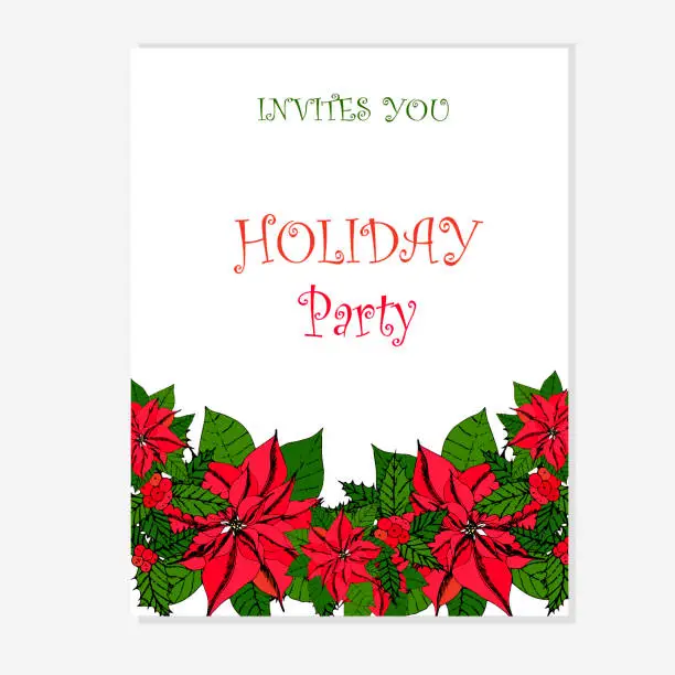 Vector illustration of Holiday party invitation template, poinsettia floral background. Red christmas star, holly, green leaves on white stock vector illustration