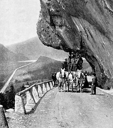 People on an old mountain road at the Rhone Valley in Valais Canton, Switzerland. Vintage halftone photo circa late 19th century.