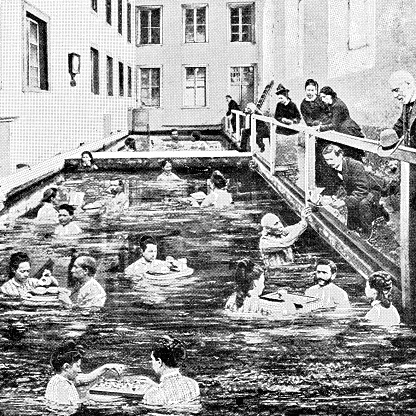 Large group of people at a thermal bath in the town of Leukerbad in Valais Canton, Switzerland. Vintage halftone photo circa late 19th century.