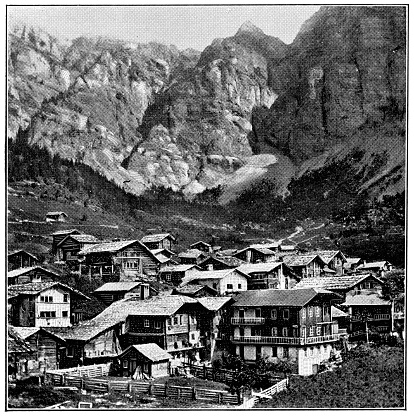 The town of Leukerbad in Valais Canton, Switzerland. Vintage halftone photo circa late 19th century.