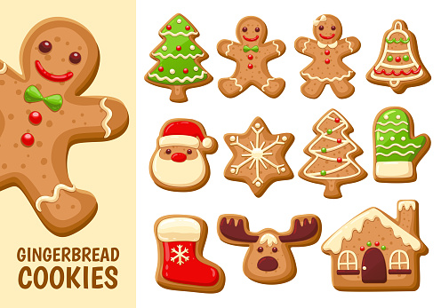 Set of cute gingerbread cookies for christmas. Isolated on white background. Vector illustration.