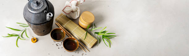 istock Asian food background with a tea set with copy space. 1185937213
