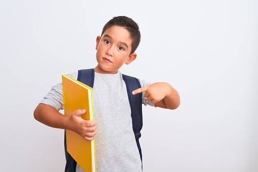 Beautiful student kid boy wearing backpack holding book over isolated white background very happy pointing with hand and finger