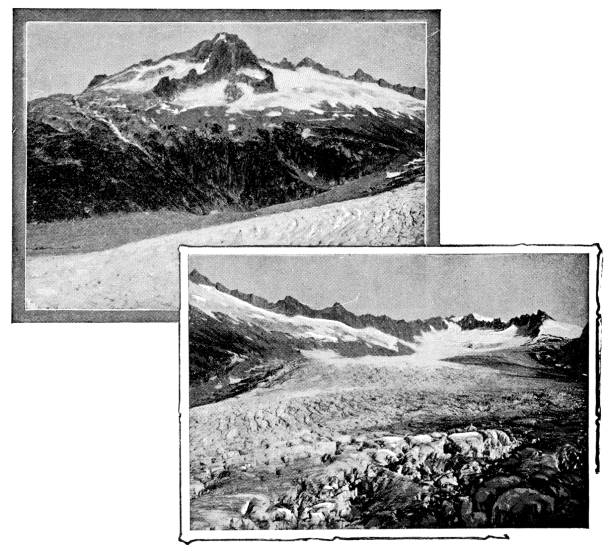 ilustrações, clipart, desenhos animados e ícones de mar da geleira do gelo no maciço de mont blanc em auvergne-rhine-alpes, france - 19o século - glacier mountain ice european alps