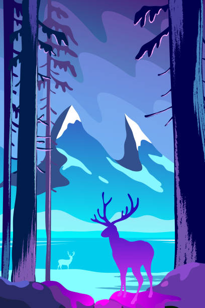 istock Beautiful winter landscape flat design concept. Deer standing in the forest on a background of mountains. Wild nature vector illustration. 1185944835