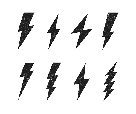 Set Lightning bolt with grunge texture. Thunderbolt, lightning strike. Modern flat style vector illustration.