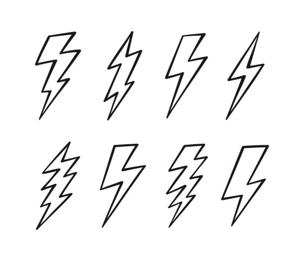 ilustrações de stock, clip art, desenhos animados e ícones de super set hand drawn lightning bolt. thunderbolt, lightning strike. modern flat style vector illustration - interface icons flash